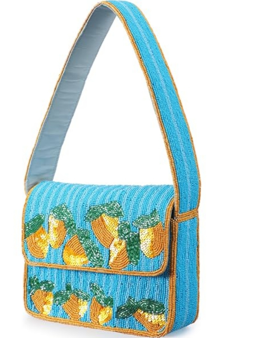 Hand-Beaded Blue & Gold Striped Lemon Motif Shoulder Bag. - Picture 3 of 16